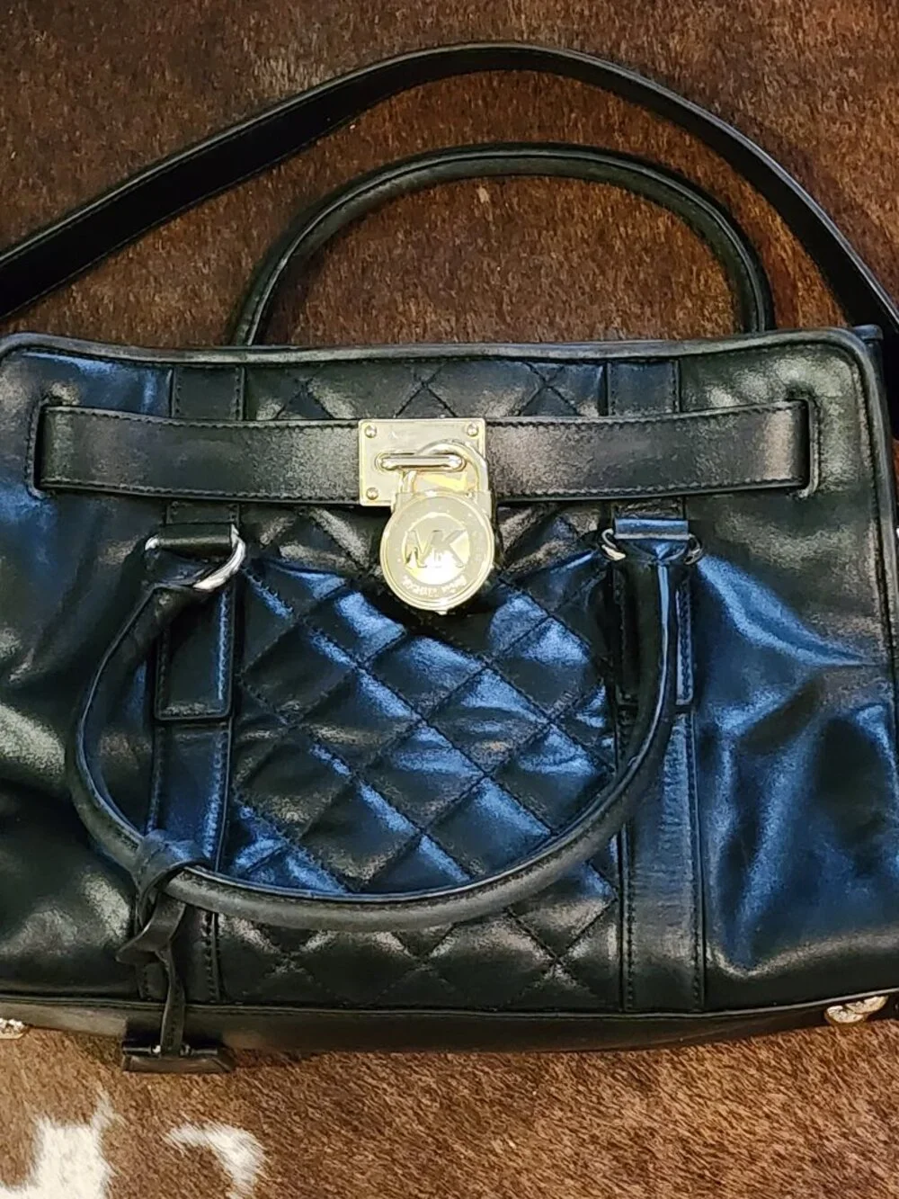 Michael Kors Hamilton Quilted Black Satchel Bag Gold Hardware Shoulder Strap